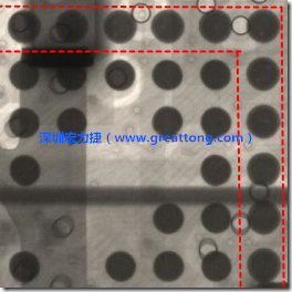 BGA錫球尺寸小于0.4mm，采用降低BGA內(nèi)圍襲球的錫膏量所得到X-Ray，稍微留意一下可以發(fā)現(xiàn)最外圈的錫量(圓的直徑)比其他內(nèi)圍的錫球上的錫量來得多一點點。也就是外圈的黑色圓形直徑比內(nèi)圈的圓形來得大一點點。