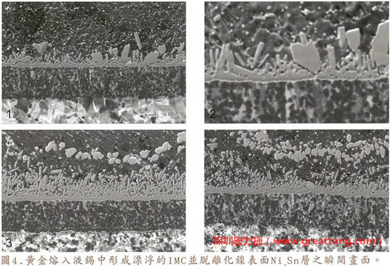 下面四張圖片為放大4500倍的SEM圖像，說明在回流焊爐熱量不足的情況下，黃金成份正要從鎳層分離融入焊錫之中的瞬間，當零件遭受外力沖擊的時候就極有可能從這一整排AuSn、、AuSn2或AuSn4的IMC處裂開。