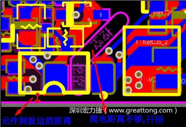 如果碰到模塊PCB空間有限，爬電距離不夠，可以采用開槽的方式