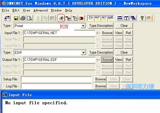 輸出文件類型(Type)選 EDIF。Output File 1 指定輸出文件的文件名和路徑。然后點擊 Run(跑動的小人)。