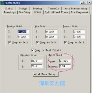  改銅皮的填充網(wǎng)格Global→Design Units，填充方向Drafting→Direction；Hatch Grid中Copper此數(shù)值為大銅箔中所填充的線條中心到中心的距離。
