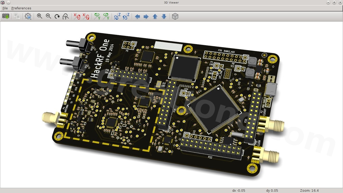 經(jīng)KiCad軟體3D功能渲染過的HackRF One電路板。