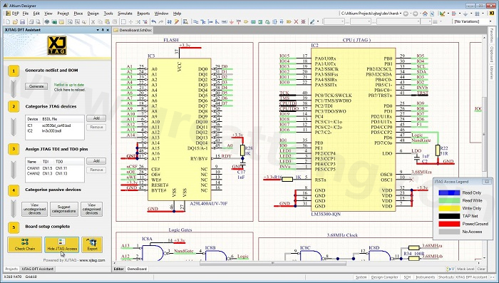 XJTAG DFT Assistant的Access Viewer模式可以清楚地顯示可用的測(cè)試存取層級(jí)，讓電路板設(shè)計(jì)人員在展開(kāi)PCB布局以前的原理圖擷取階段盡可能地提高測(cè)試存取能力