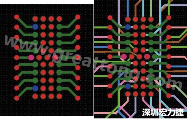 圖7：焊盤內(nèi)過孔用于內(nèi)部，而外部接腳在0.5mm閘格上扇出。圖7a顯示的是頂層(左)；圖7b顯示頂層和內(nèi)部布線層(右)。