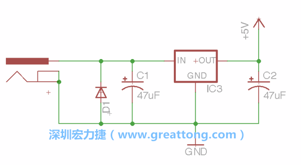 新增RBBB→Power_Jack，將它放在電壓調(diào)整器的輸入端旁邊。