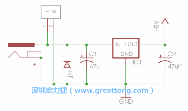 2.5.    新增一個二極體，它會以水平的狀態(tài)出現(xiàn)在屏幕上，請使用「旋轉(zhuǎn)（Rotate）」工具把它負(fù)極那一面朝上，并且用「網(wǎng)絡(luò)連接」工具將它連接在電壓調(diào)整器的輸入端和接地端之間。