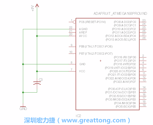 3.1.    新增微控制器晶片（RBBB → ATmega），把它放在電路原理圖的中央附近，把它的兩個(gè)接地接頭連接到接地訊號端。
