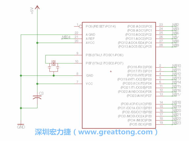 3.3.    將共鳴器（resonator）放置在針腳9和針腳10附近，將它的三個(gè)針腳連接如圖所示，并確認(rèn)最中間的針腳有連到接地端。