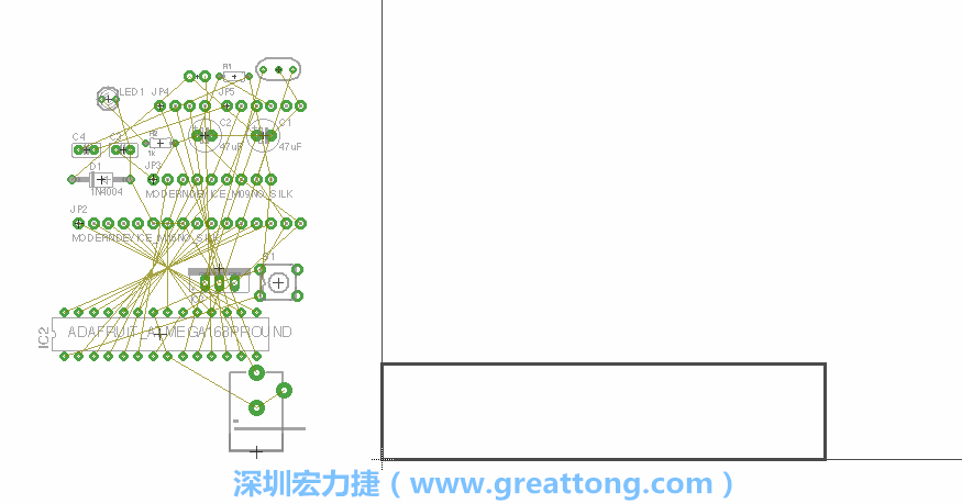 第一次執(zhí)行布線編輯器時，你會發(fā)現有兩個區(qū)塊，左邊的區(qū)塊非?；靵y，而右邊的區(qū)塊則是一個長方形的工作區(qū)域，EAGLE免費版會限制你的工作區(qū)域在4” x 3.2”的范圍內，如果你試圖將元件擺放在工作區(qū)外的話，就會跳出警示訊息。
