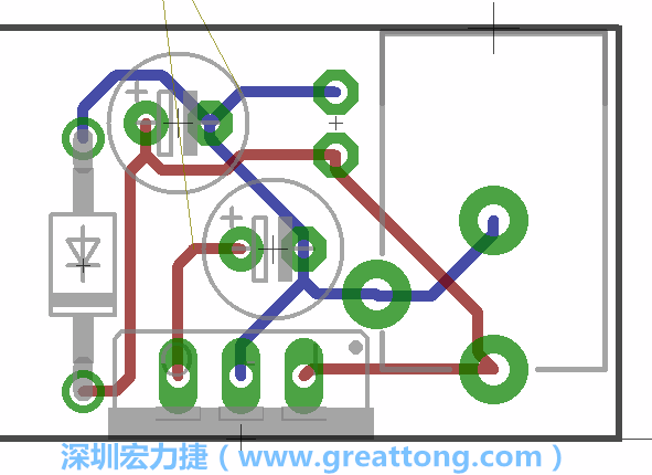 接地連結點的布線情形如下圖所示，利用這個練習來避免電路連線銳角化的產生是一個不錯的選擇，你可以在工具列中的彎曲線路（Wire Bend）選項里改變各種布線的變化。