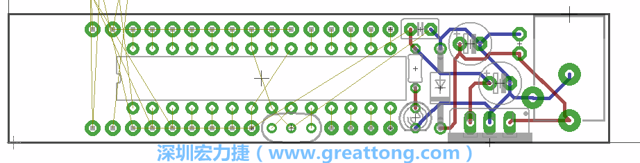 將ATmega微控制器、三個GPIO排針（JP2, JP3, JP4）和諧振器（resonator）排置如上圖所示。