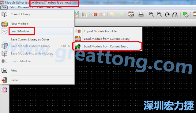 進(jìn)入Module Editor去載入其他Footprint(Module)進(jìn)來， 從目前的Active library (不過要先選取一個Current library ) 載入Module 或從目前正在編輯的PCB載入Module。
